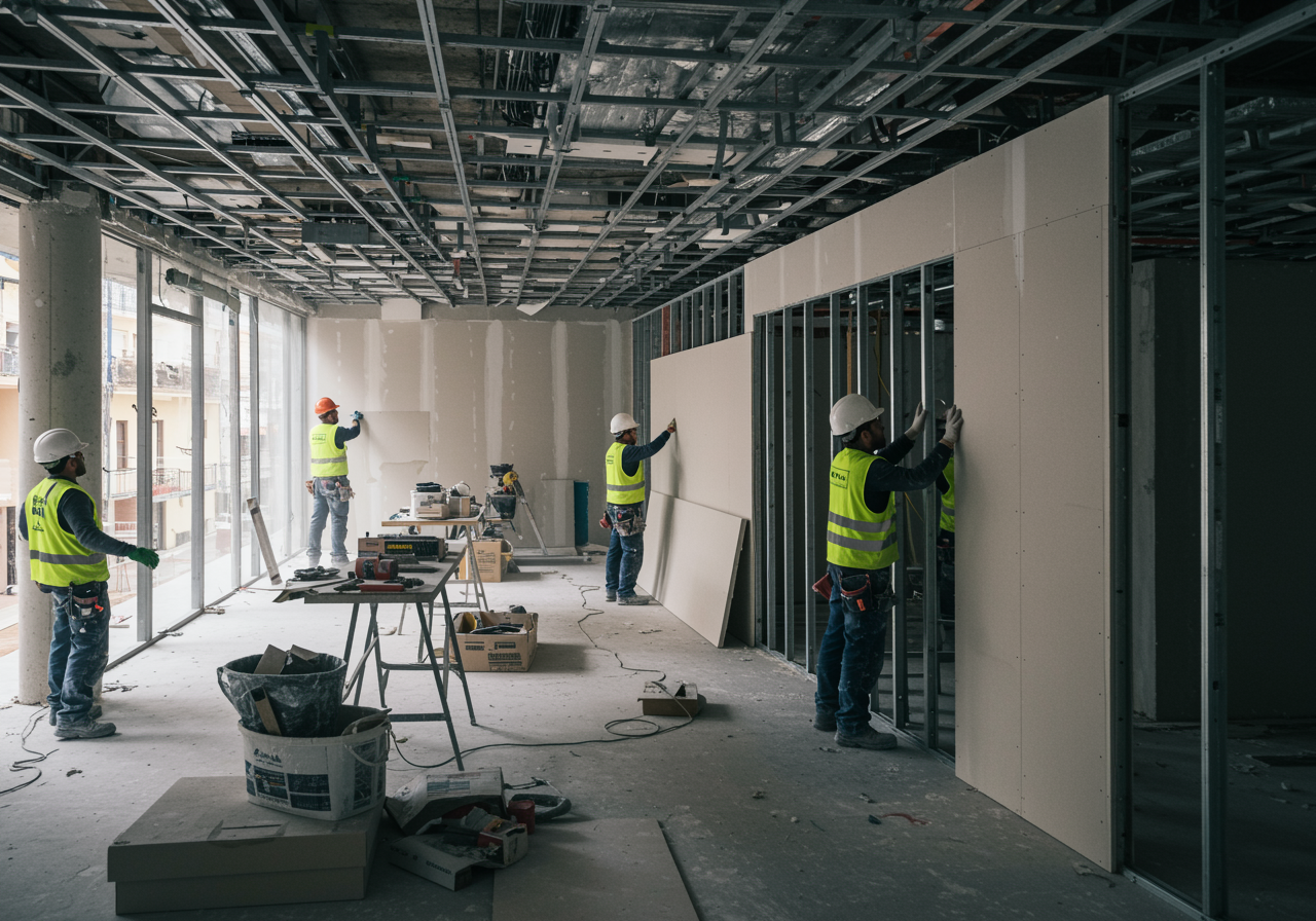 "Equipo de trabajadores en construcción de un moderno edificio en Sevilla, instalando tabiques de pladur y techos suspendidos con sistemas PYL, en un entorno limpio y bien organizado."