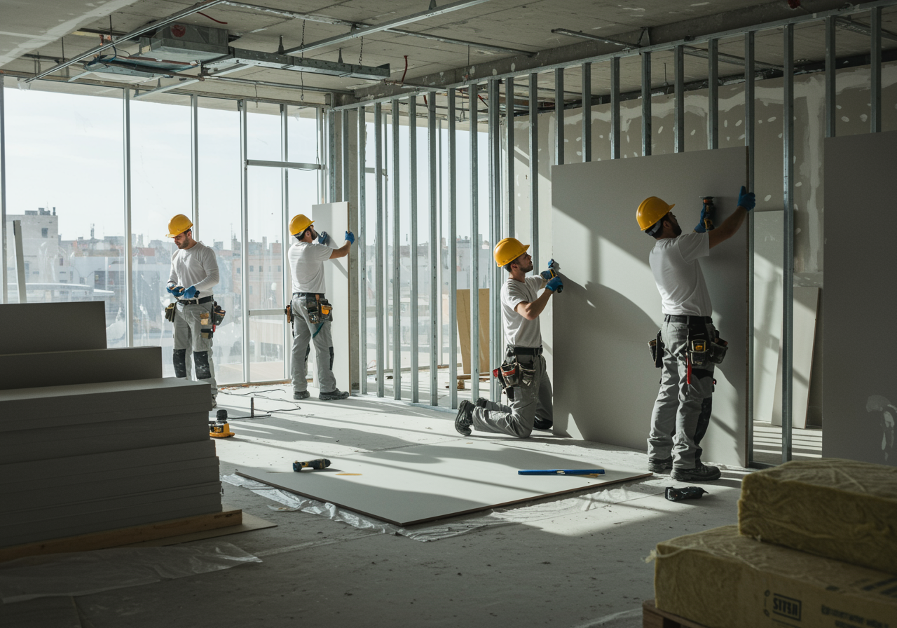 "Escena fotorealista de construcción interior en una renovación moderna en Sevilla, donde un equipo de trabajadores monta paneles de yeso en un ambiente iluminado por la luz natural."