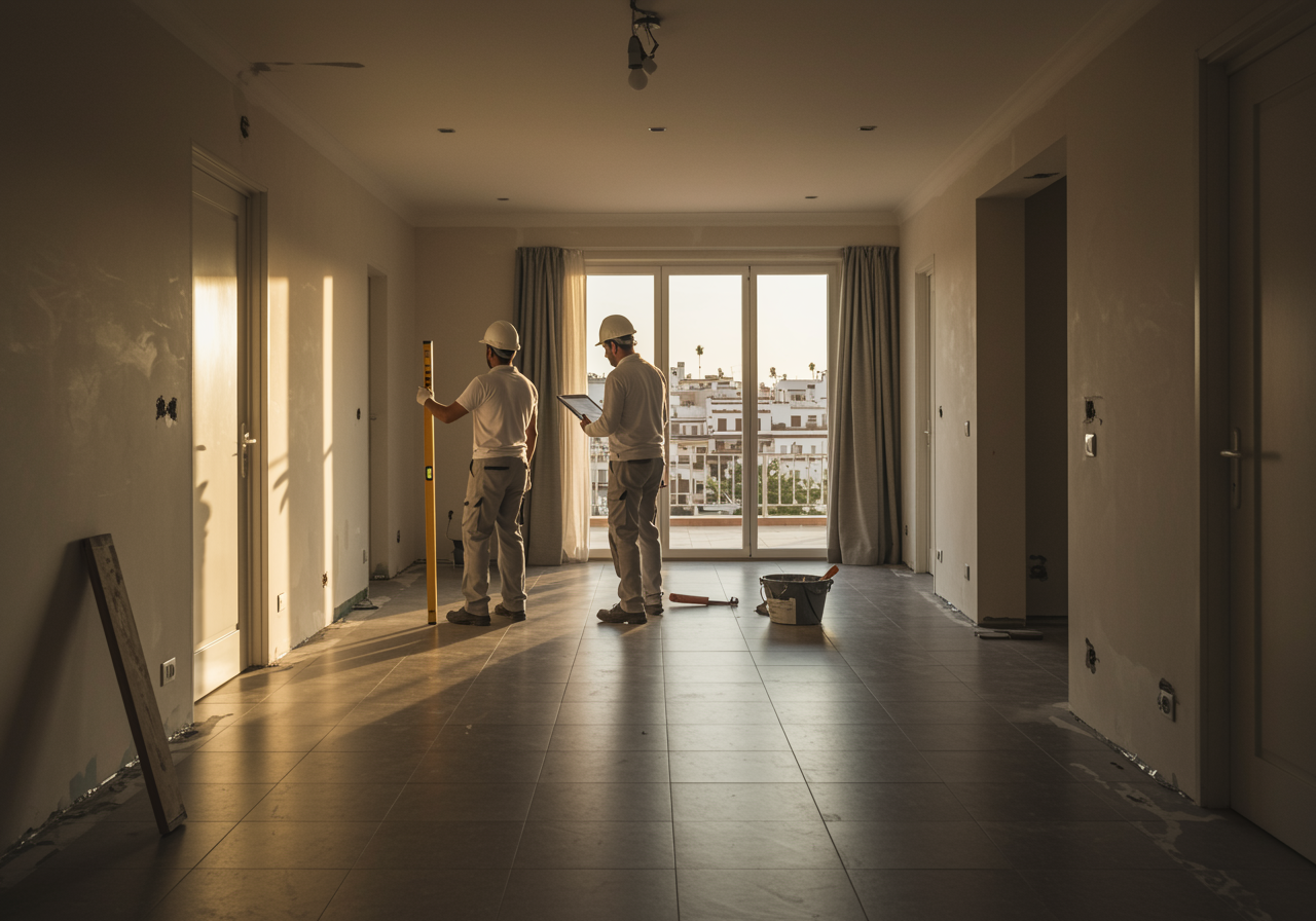"Dos profesionales de la construcción en Sevilla inspeccionan una renovación residencial, destacando acabados impecables y atención al detalle en un ambiente luminoso."