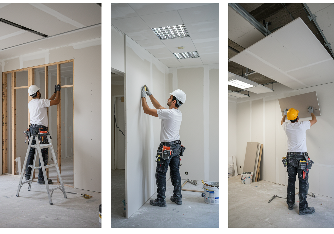 "Triptico de soluciones PYL en Sevilla: trabajadores instalando tabiques, paneles acústicos y techos desmontables en proyectos residenciales, oficinas y educativos."