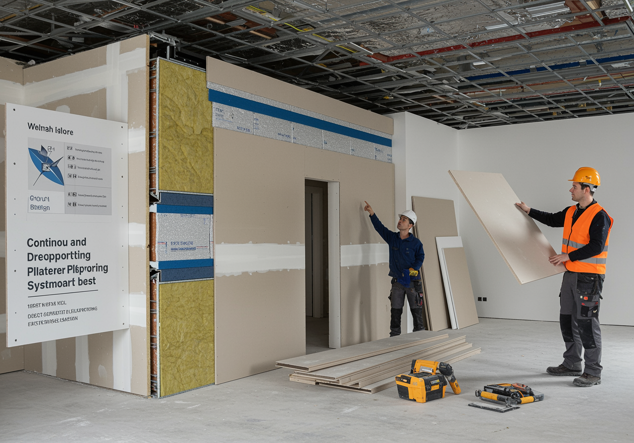 "Ilustración detallada de sistemas de drywall y techos en una renovación en Sevilla, mostrando a un ingeniero explicando particiones de yeso y aislamiento acústico en un interior moderno en construcción."