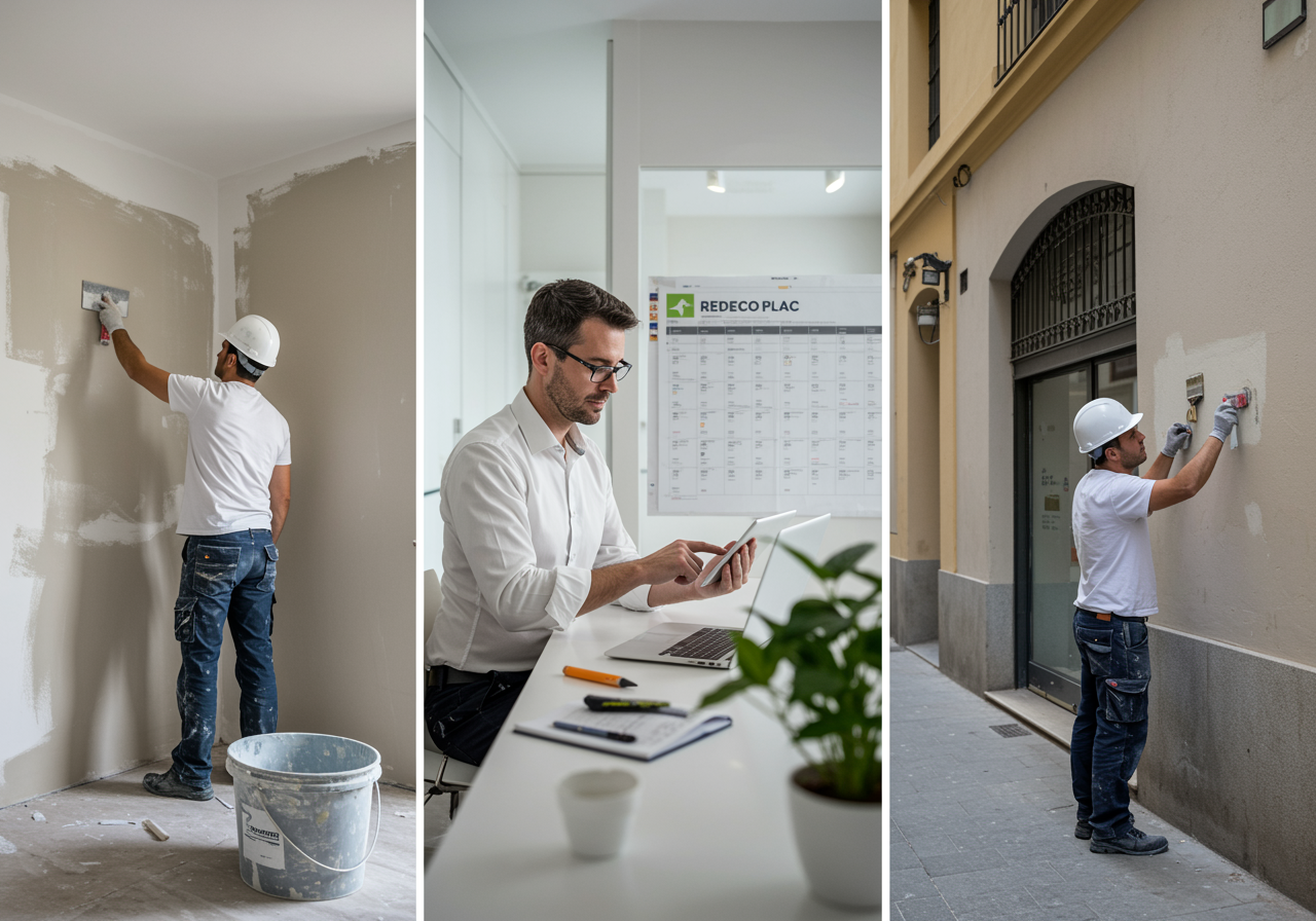 "Triptico fotorealista que ilustra la versatilidad de REDECO PLAC en Sevilla, mostrando un constructor aplicando yeso, un gerente revisando un cronograma en una oficina moderna y un artesano pintando una fachada."