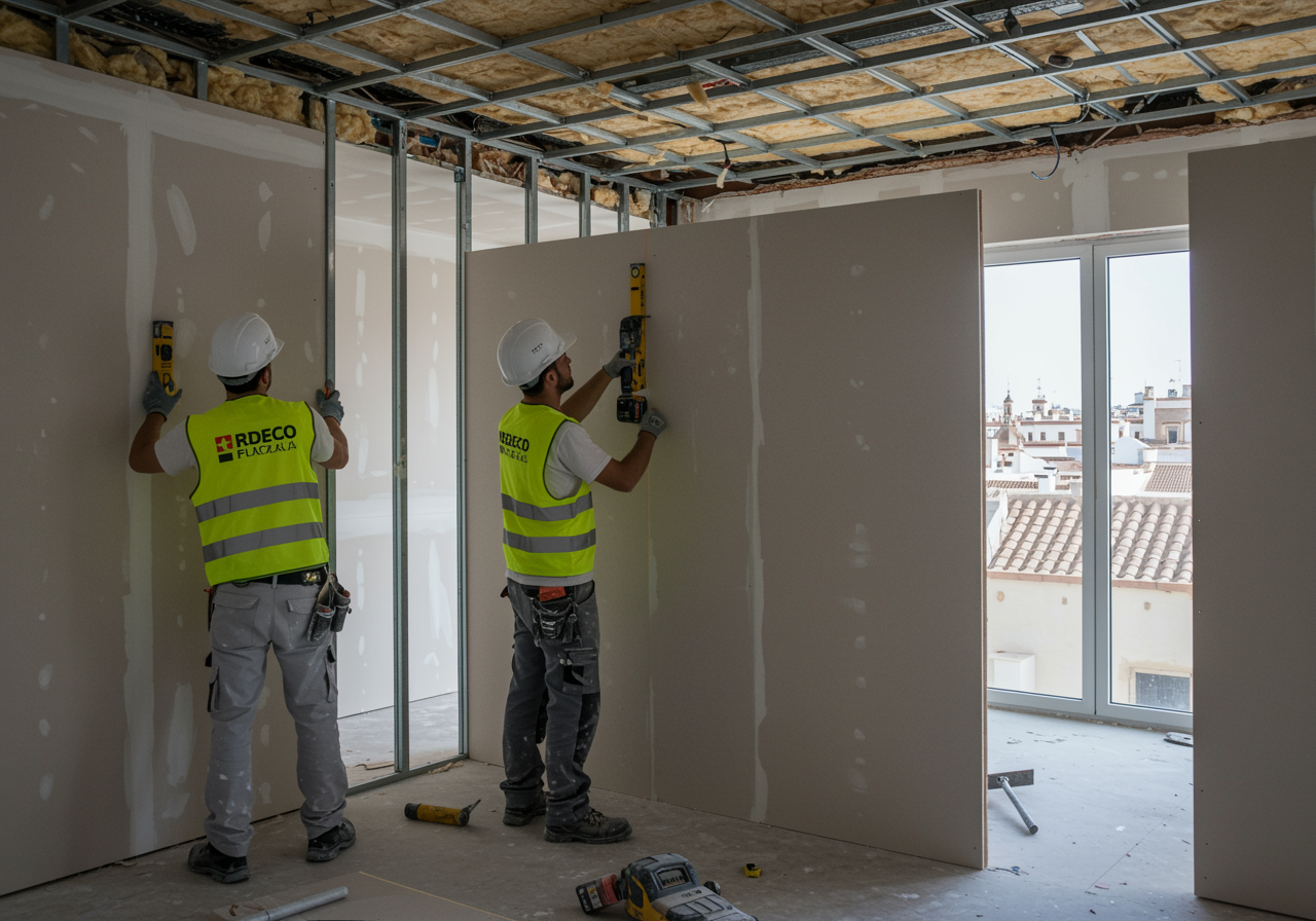 "Trabajadores de construcción en Sevilla instalando tabiques de yeso en un moderno interior residencial bajo renovación, con equipo de seguridad y herramientas profesionales."