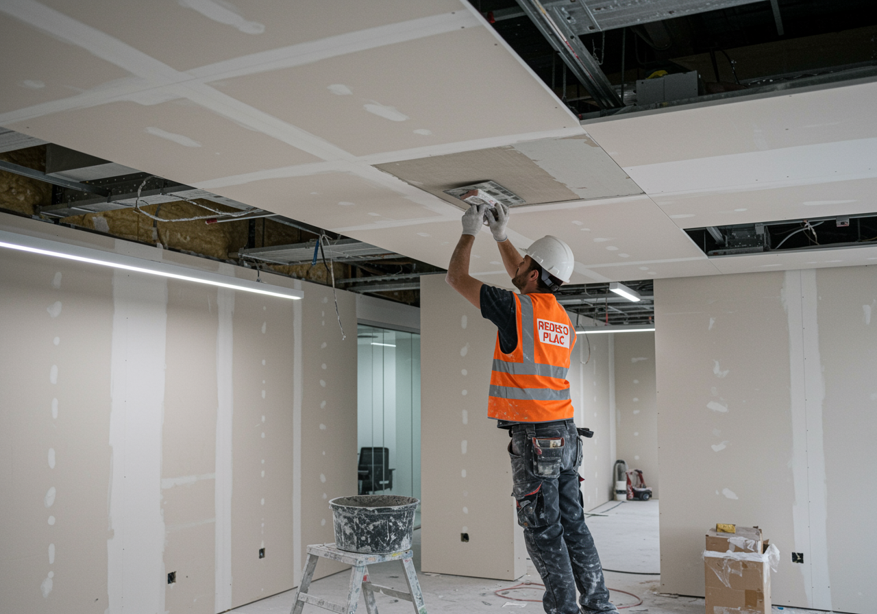 Texto alternativo: "Instalador profesional en Sevilla finalizando un techo de yeso suspendido en una oficina moderna, destacando la calidad y precisión en acabados con herramientas de marca REDECO PLAC."